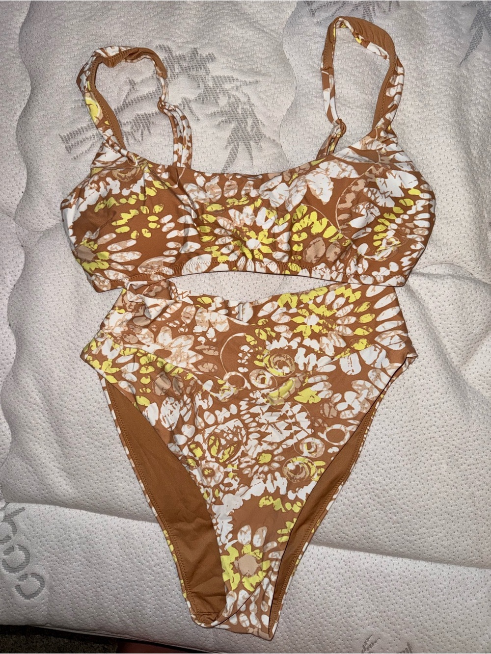aerie Brown Swimsuit with White and Yellow Print